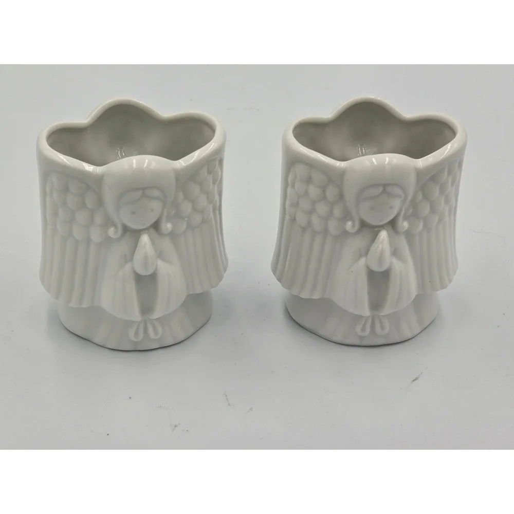 Vintage Neiman Marcus White Porcelain Praying Angel Vases Candle Holders Pair